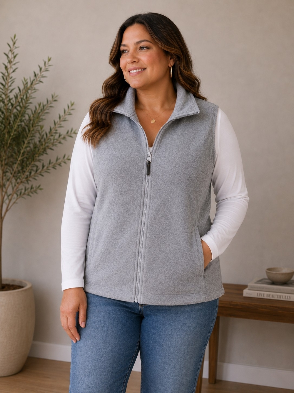 Natural Reflections Gray Fleece Zip-Front Vest Size Medium